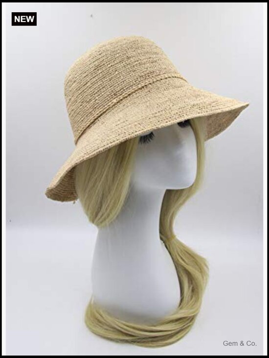 Women\'s Raffia Bucket Hat Wide Brim Sun Protection Adjustable Strap